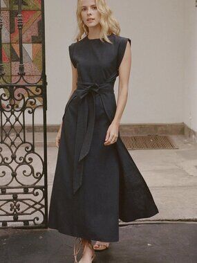 NWT DÔEN Ash Raw Silk Midi Dress Deep Ink Black Size M